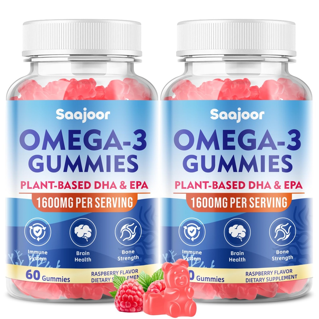 2 Pack Vegan Omega-3 Gumies1000mg za odrasle - sladkor brez dodatka z 400mg DHA & 600mg EPA, vitamini A, C, E in cink - 120 Število
