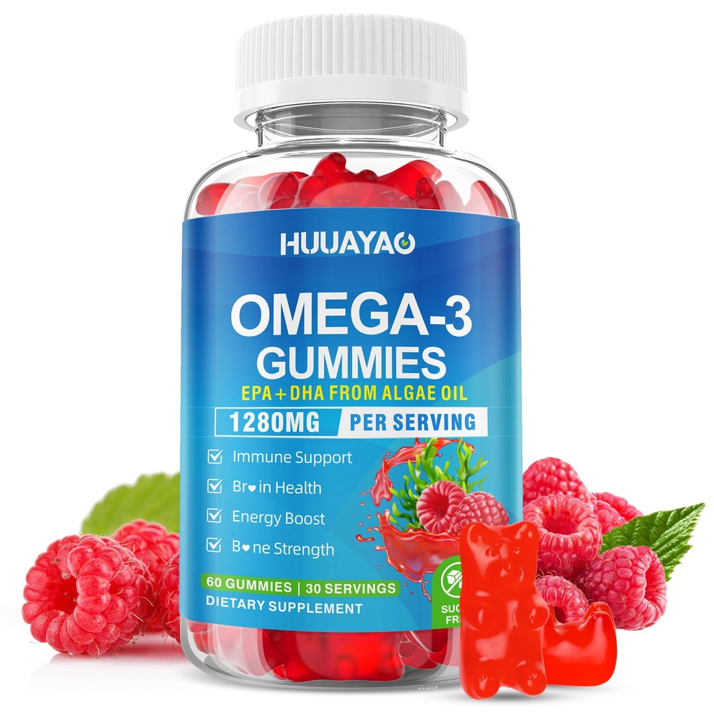 Vegan Omega-3 Gumies 1028mg, Omega 3 Ribje olje alternativa za odrasle w/EPA 400mg & DHA 600mg & vitamin A, C, E podpira možgane, oči in imunskega zdravja, sladkor brez, Raspberry Flavor, 60 Count