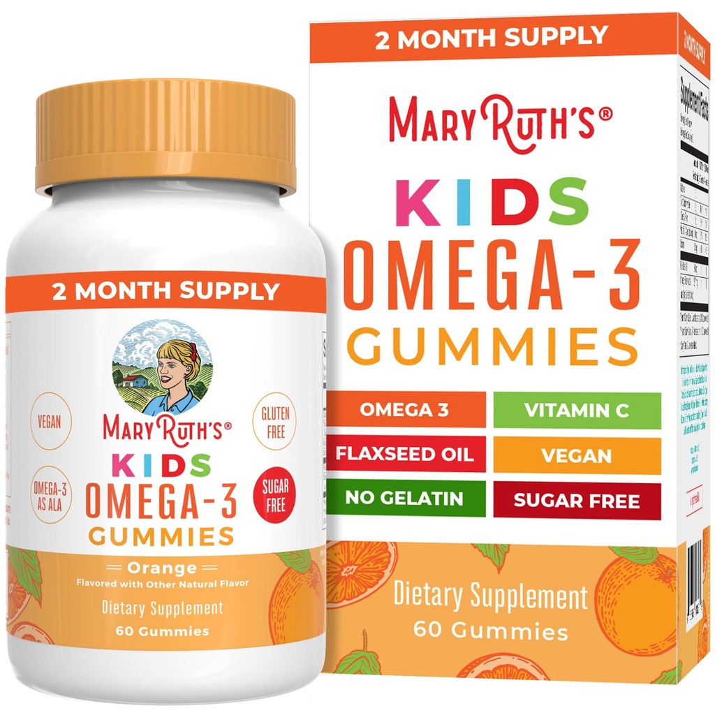MARYRUTH'S Vegan Omega 3 Gummies za otroke 2+, 2 mesec dobava, sladkor brez, Omega 3 dodatek z vitaminom C, Laneno olje, Imunska podpora, Essential Nutrient ALA, Brez okusa rib, 60 Število