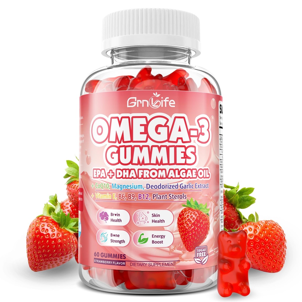 Vegan Omega 3 Gumies 1000mg + CoQ10 + Magnezij - w/Algae EPA 600mg & DHA 400mg, Ribje olje Omega-3 Dodatki Alternativna za odrasle, za možgane, oči, Imunsko zdravje, Jagodna aroma, 60 Število