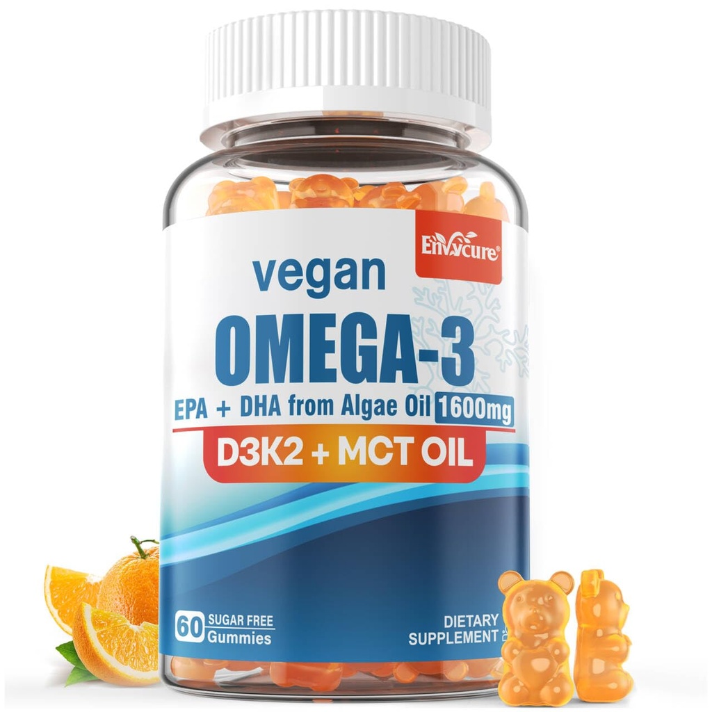 Vegan Omega 3 Gumies 1280mg + Vitamin D3 K2 (MK7), Omega 3 Alternativno ribje olje za odrasle, w/Algae EPA 600mg & DHA 400mg, MCT olje - brez ribjega okusa - za možgane, oči, imuno zdravje, brez sladkorja, 1 pakiranje