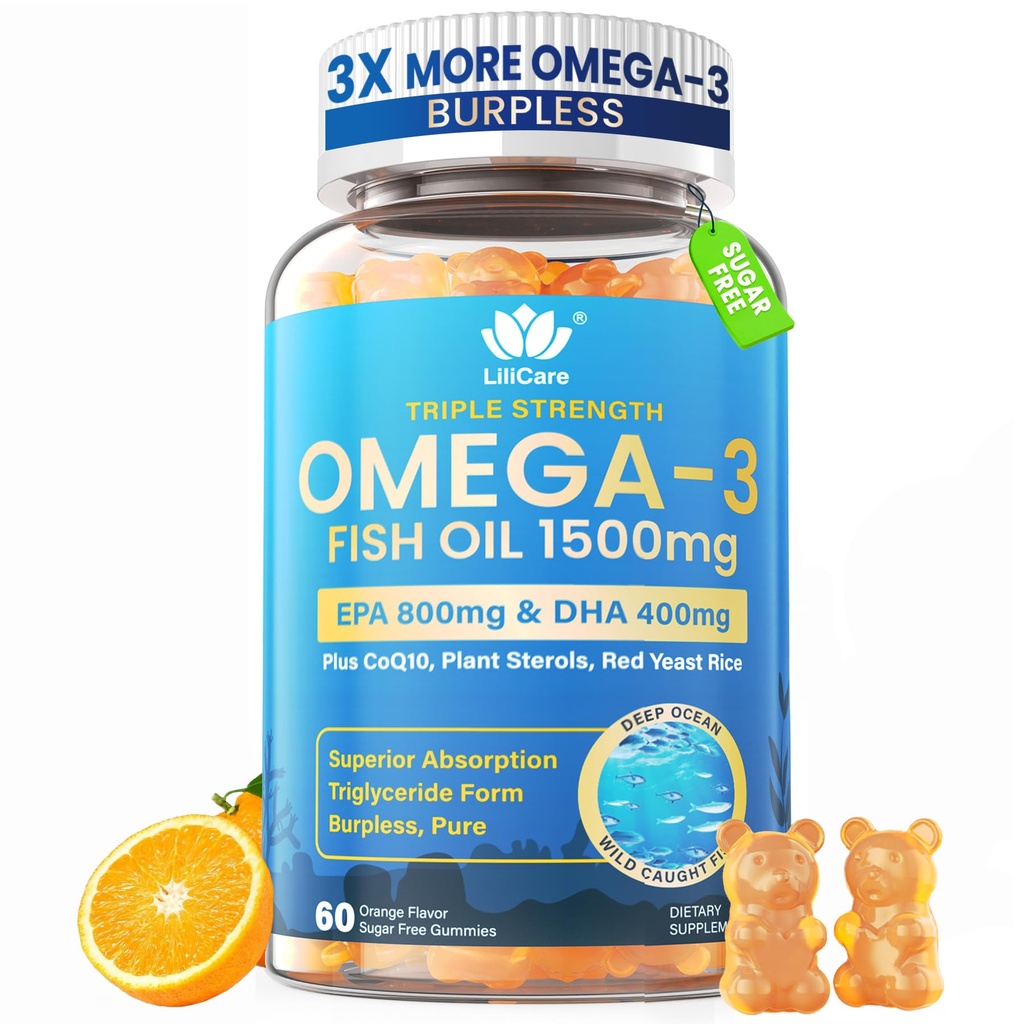 Fish Oil Omega 3 Gumies 1500mg za odrasle - Trojna moč z EPA & DHA, COQ10, rdeče Kvas riž - Wild Caught Omega 3 Maščobne kisline Dopolnila za H