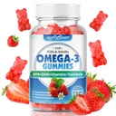 omega 3 Gumiji za ženske in moške in otroke Omega 3 Dodatki 1200mg Vegan Omega 3 Maščobne kisline DHA EPA z vitamini Podpora Eye & Brain Health, Sugar Free, Jagodna aroma 60 Count