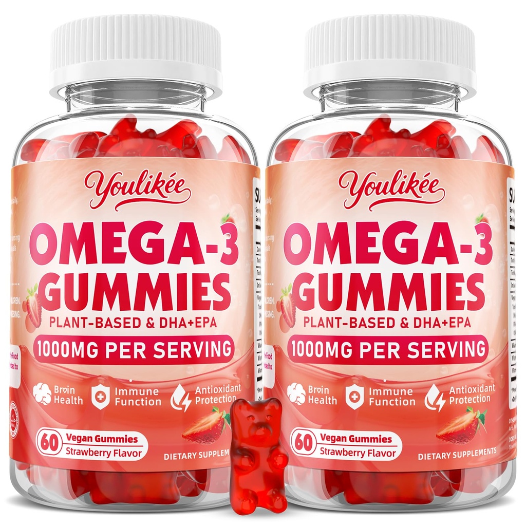 2 Pack Vegan Omega-3 Gumies 1000mg, Omega 3 Ribje olje Alternativna za odrasle, Rastlinski osnovi DHA 460mg in EPA 230mg w/vitamin A, C, E, Jagodna aroma, 120 Število