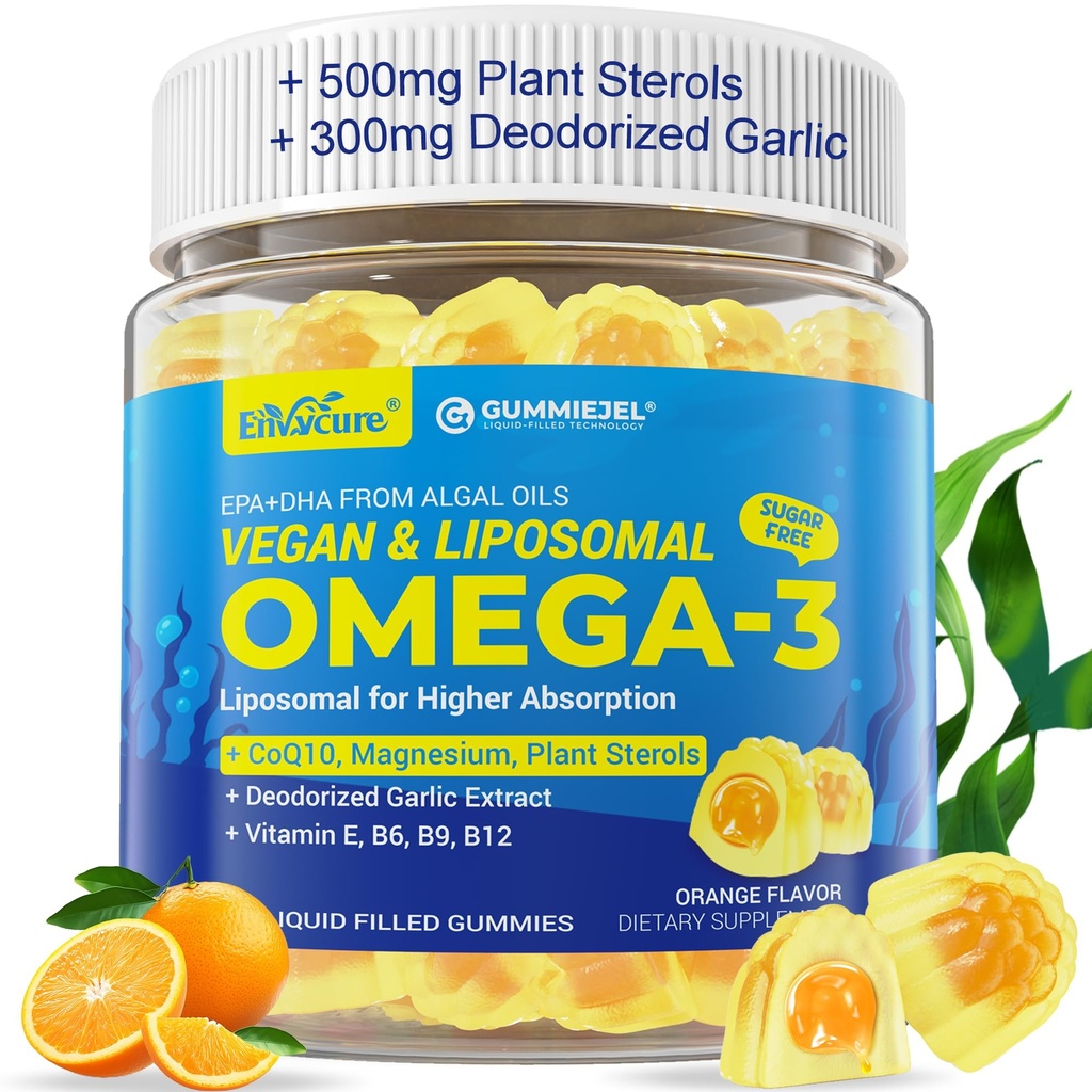 Vegan Omega-3 Gumies 1000mg +CoQ10+Magnezij- EPA 600mg & DHA 400mg, Ribje olje Omega 3 Dodatki Alternativna za ženske Odrasli- Liposomska oblika -Algae- Rastlinski steroli, Česen,B6,B9, B12, Sladkor brez sladkorja