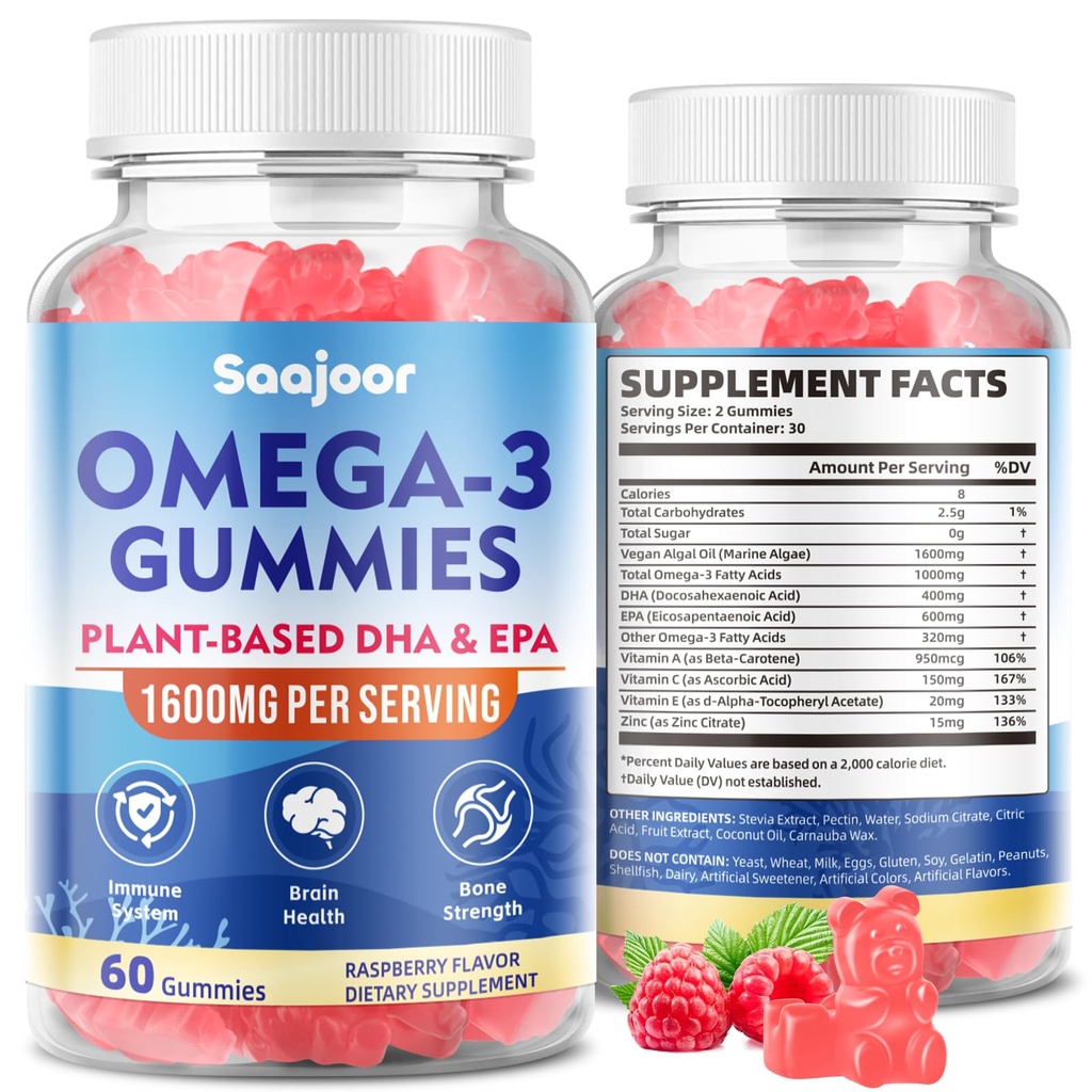 Vegan Omega-3 Gumies1000mg za odrasle - brez sladkorja dodatek s 400mg DHA & 600mg EPA, vitamini A, C, E in cink - 60 Število