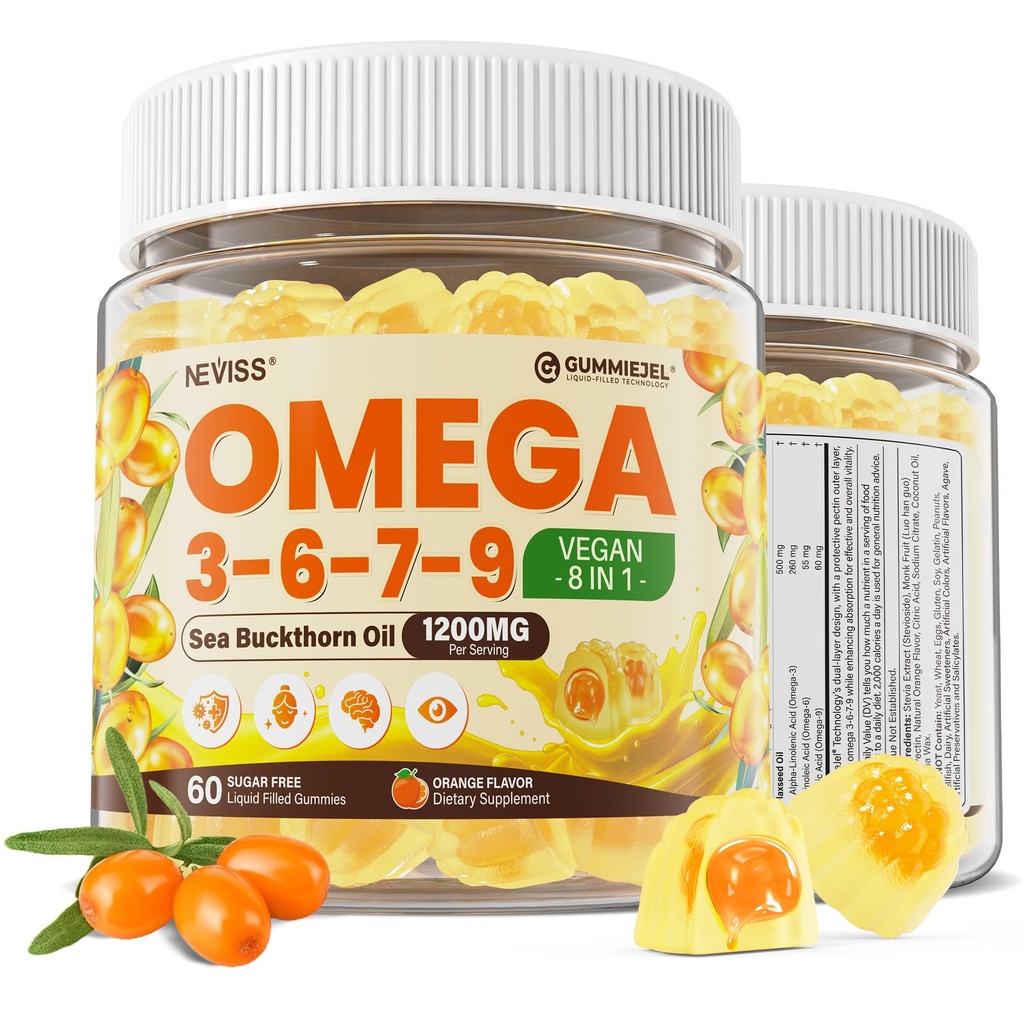 Omega 3-6-7-9 Gumies, organsko olje morskega Buckthorna 1200MG & laneno olje 500MG, Vegan Omega 7 Dopolnilo w/vitamin A, C, E, maščobne kisline, Brez okusa rib, Podpira kožo, oči, Imunsko, zdravje možganov, 60 Cts