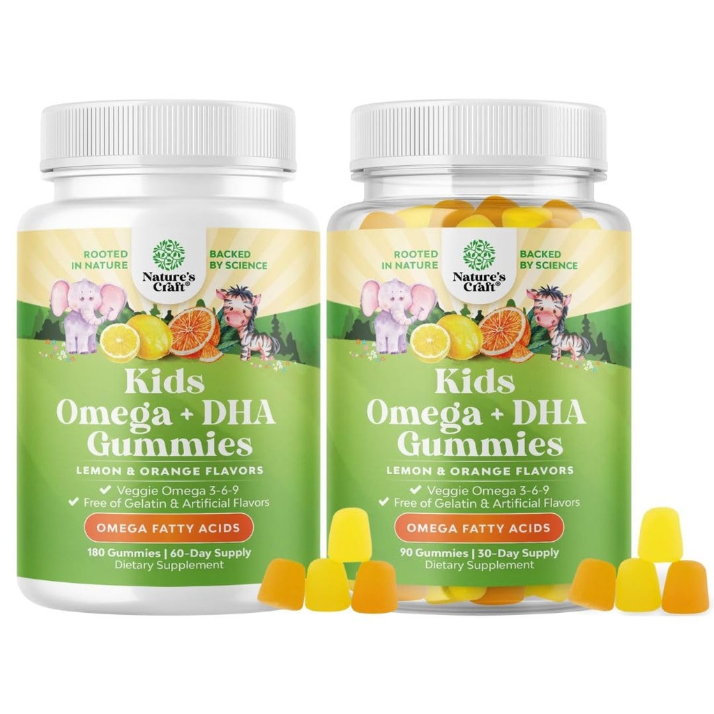 Mešanica Omega DHA Gumijev za otroke - Maščobne kisline Omega 3 6 9 z vitaminom C za možgane, imuniteto in vizijo - Hranilna DHA za zdravo živčevje in fokus podporo - Vegetarian & Gluten Free