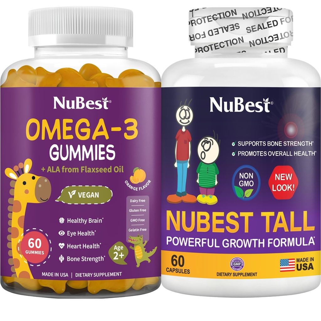 Nubest paket rasti kosti - Možganska rast: Omega 3 Gumies Tall New Oglejte si otroke in najstnike s kalcij, kolagen, zelišča, Omega 3 Laneno olje