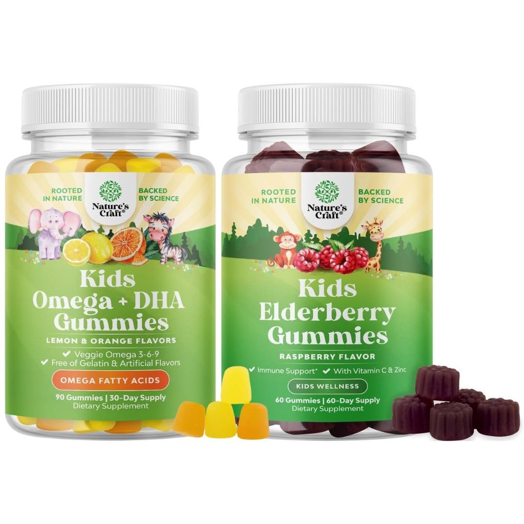 Sveženj otrok DHA Omega 3 Gummies - Ribe brez vegetarijancev 6 9 za vid Možgani & Imuniteta in Sambucus Bezgove jagode za otroke - Črna Bezgovica z cinkom in vitaminom C za imuno podporo