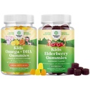 Sveženj otrok DHA Omega 3 Gummies - Ribe brez vegetarijancev 6 9 za vid Možgani & Imuniteta in Sambucus Bezgove jagode za otroke - Črna Bezgovica z cinkom in vitaminom C za imuno podporo
