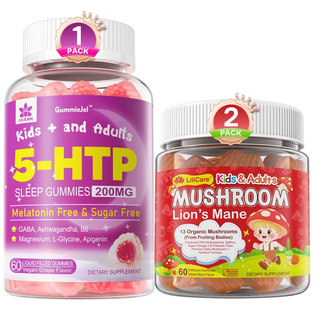 LILICARE paket: Gobe Mane + Saffron + Algae Omega-3 Gumies + 5HTP Gumies za otroke in odrasle