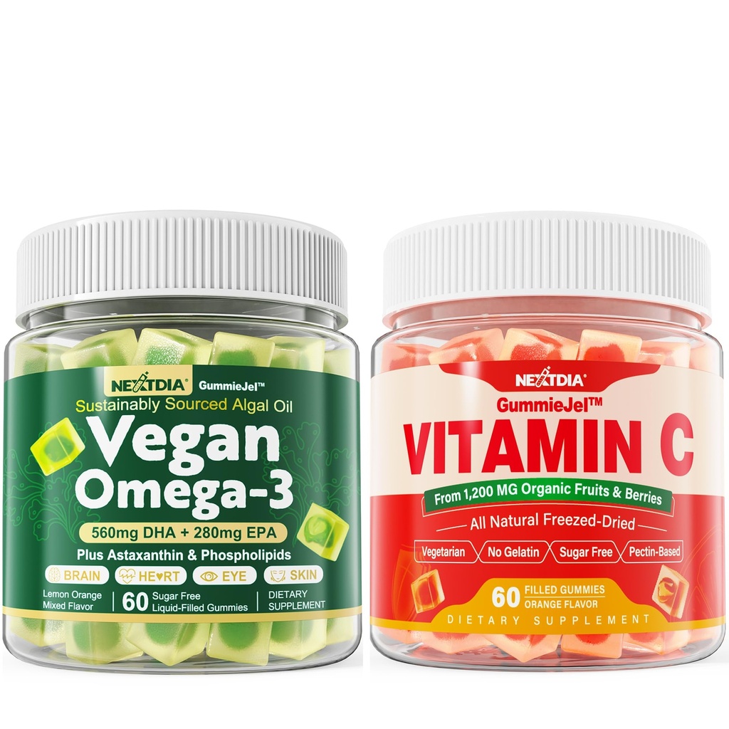 Nextdia Vegan Omega 3 Gumiji + celotna hrana Vitamin C Gumiji za odrasle in otroke