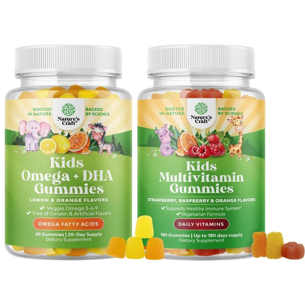 Sveženj otrok DHA Omega 3 Gumies - Maščobne kisline Omega 3 6 9 za možgane, Imunsko moč in vid in rastlin na osnovi otrok Multivitaminski Gumiji z vitamini A C D3 E B in cink za podporo imunitete