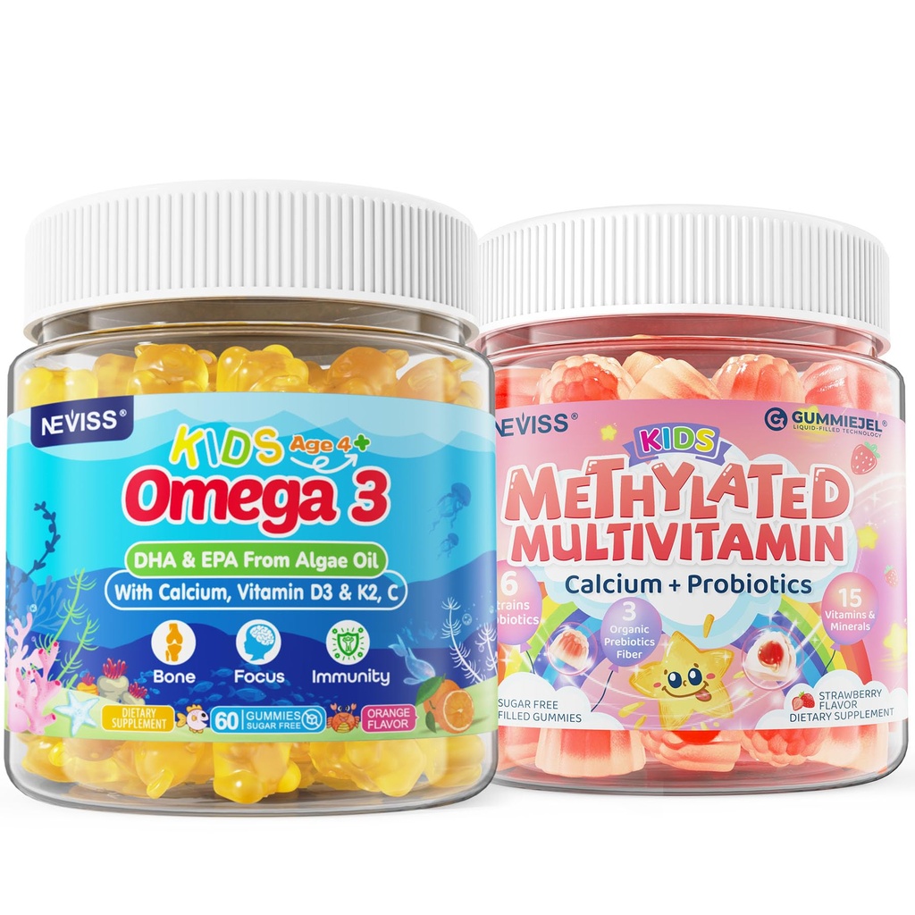 Otroci Metilirani multivitaminski gumiji s kalcij, probiotiki + Omega 3 Gumiji z vitaminom D3 & K2, C, DHA