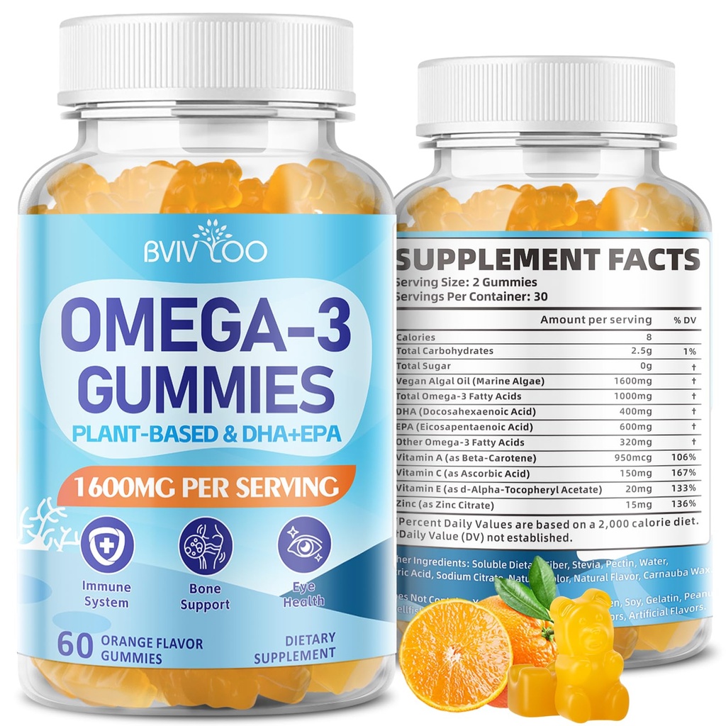 Vegan Omega-3 Gumies - 1600mg z 600mg EPA & 400mg DHA. Visoka absorpcijska formula. Okusna oranžna aroma - 60 žvečilnih gumijev