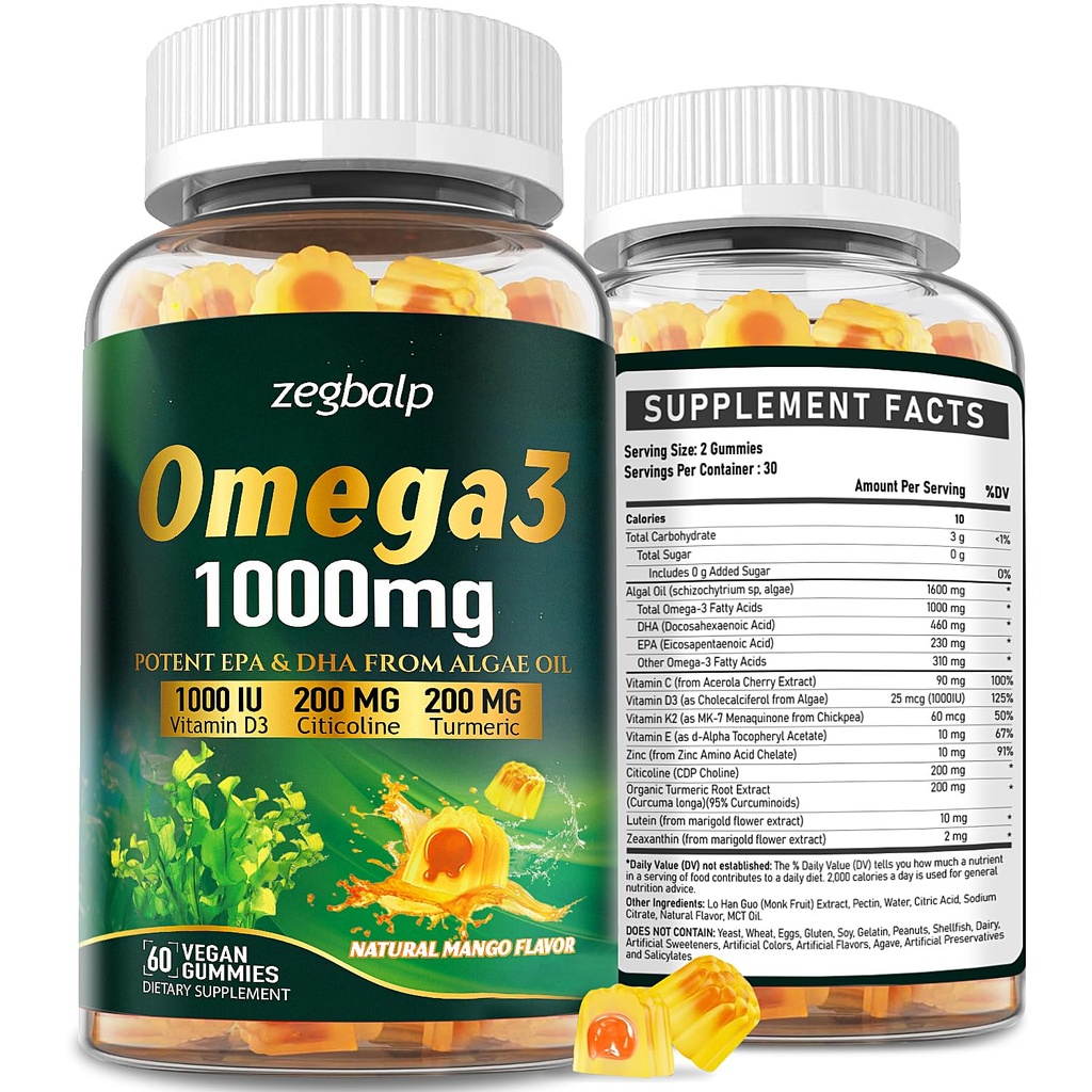 Omega-3 dodatek Gumies za ženske in moške - 1000mg Vegan Omega3 DHA & EPA s kurkuma, Vitamin D3, K2, Citicoline za splošno zdravje - Algae Oil Omega 3 Maščobne kisline dopolnila, sladkor brez