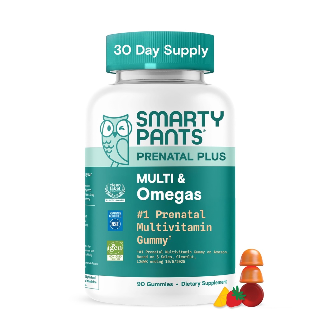 SmartyPants Prenatal Multivitaminski Gumies z Omega 3 DHA/EPA, metilfolat, Biotin, Vitamini D3, C, B12, B6, A, K in cink, Gluten brez, čista etiketa, dva sadnih arom, 90 Gummies (30 dnevna dobava)
