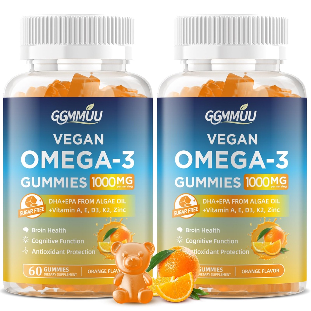 2 Pack Vegan Omega 3 Gummies 1000MG Algal Oil Omega 3 Dopolnilo za odrasle z Algae DHA 600mg & EPA 300mg ribje olje Alternative - za zdravje oči in imunskega sistema, Oranžna aroma, 120 Count
