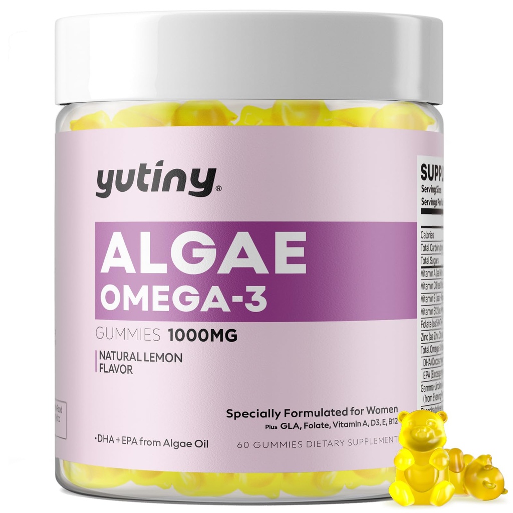 Vegan Omega 3 Gumiji za ženske, Algae Omega 3 1000mg dodatek z DHA, EPA, GLA, Vitamin A, E, B12, Folat, zdravje kože in možganov, sladkor brez, 60 Število