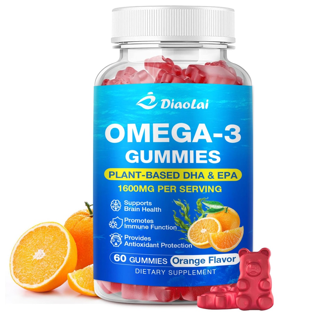 Vegan Omega-3 Gumies za odrasle – brez sladkorja, Algae-Based DHA 600mg & EPA 300mg, z vitamini A, C, E, cink – Omega 3 ribje olje alternativa, 60 Število