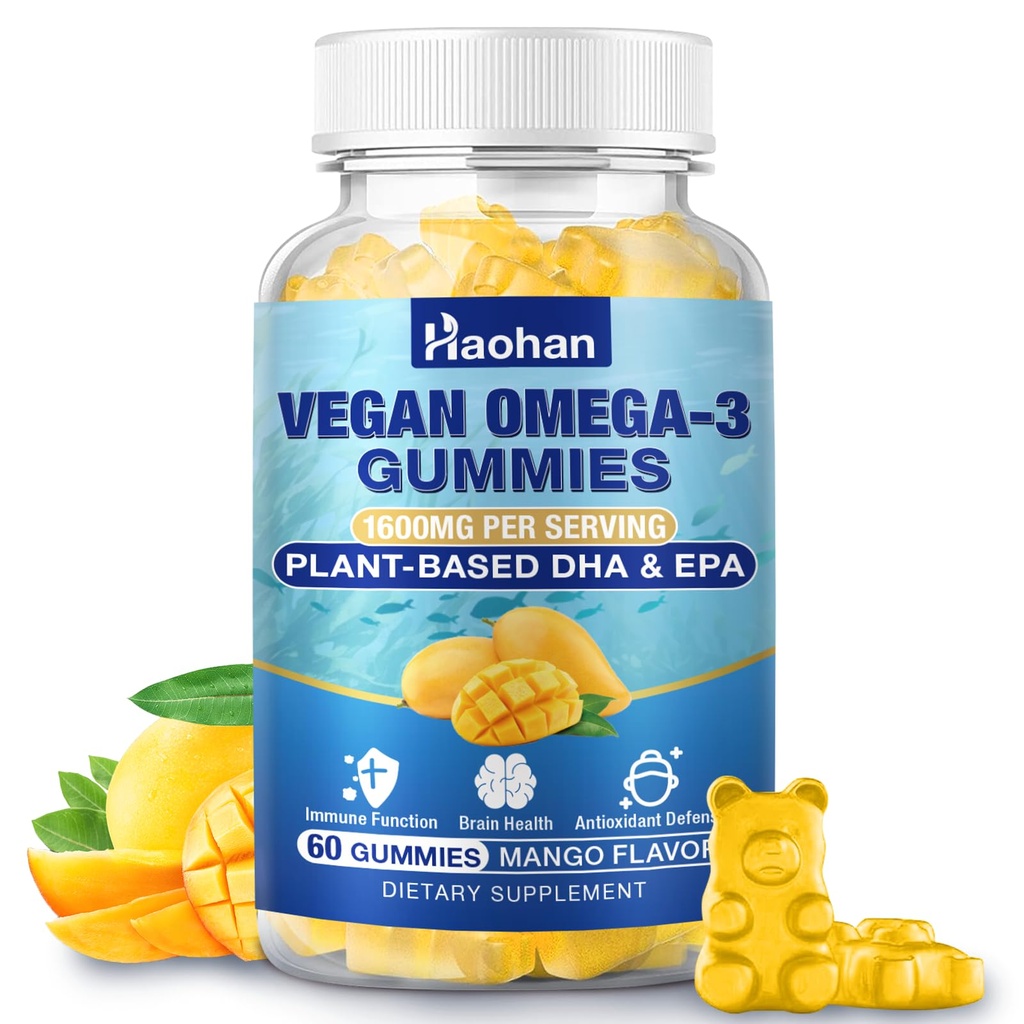 Omega-3 Gumiji za odrasle, oranžna aroma – brez sladkorja, Algae-Derived DHA 600mg & EPA 300mg, z vitamini A, C, E, cink, 60 Gumies