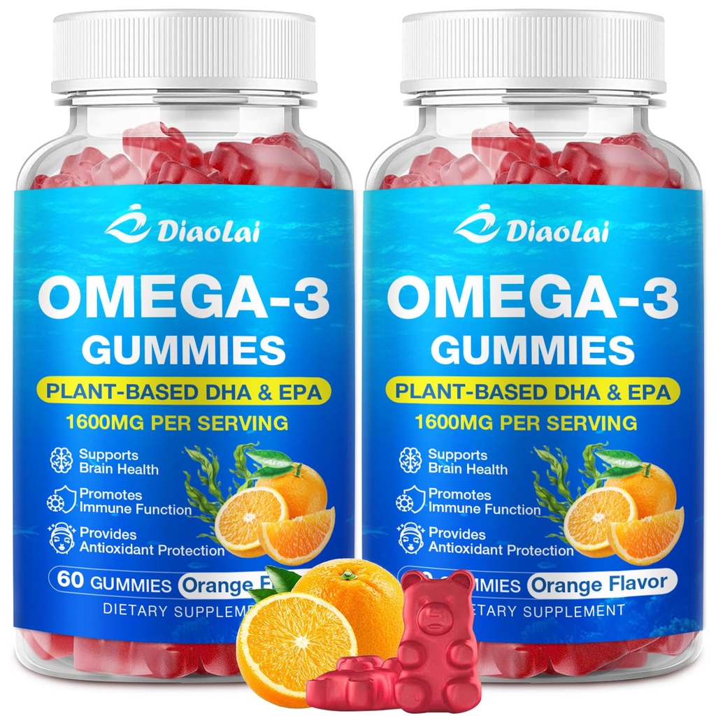 2 Pack Vegan Omega-3 Gumies za odrasle – brez sladkorja, Algae-based DHA 600mg & EPA 300mg, z vitamini A, C, E, cink – Omega 3 ribje olje Alternative, 120 Count