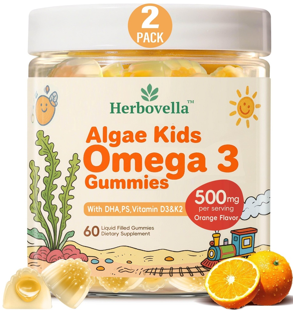 Otroci Omega 3 Gummies 2 Pack, Vegan Algae DHA 420mg s PS, Vitamin D3 K2, Brez sladkorja, Brez ribjega olja, Brain & Focus Podpora za otroke, 120 Gummies