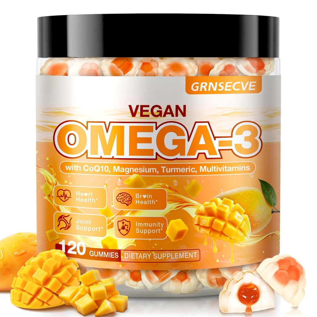 Vegan Omega-3 Gummies - ribje olje Omega 3 Dodatki za odrasle - Algae DHA 600mg & EPA 400mg, Vitamin D3 K2 - Brez okusa za ribe - za možgane, oči, imunske podpore - sladkor brez,120 Število