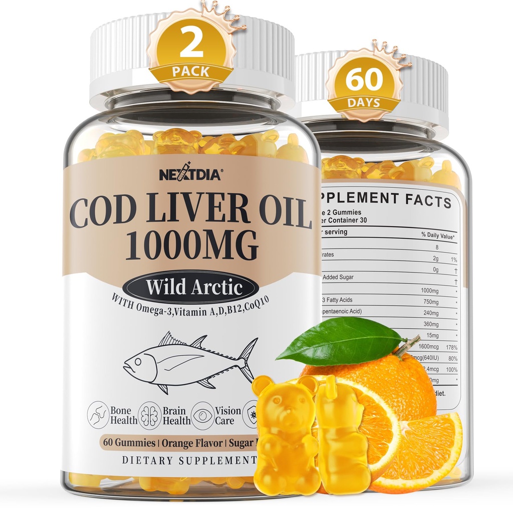 Trsko olje jeter 1000mg Gumiji za odrasle in otroke, z vitaminom A & D3 - Omega 3 ribje olje dodatek - DHA 360mg & EPA 240mg za možgane, kosti, oči in imunskega zdravja, sladkor brez, 120 Count