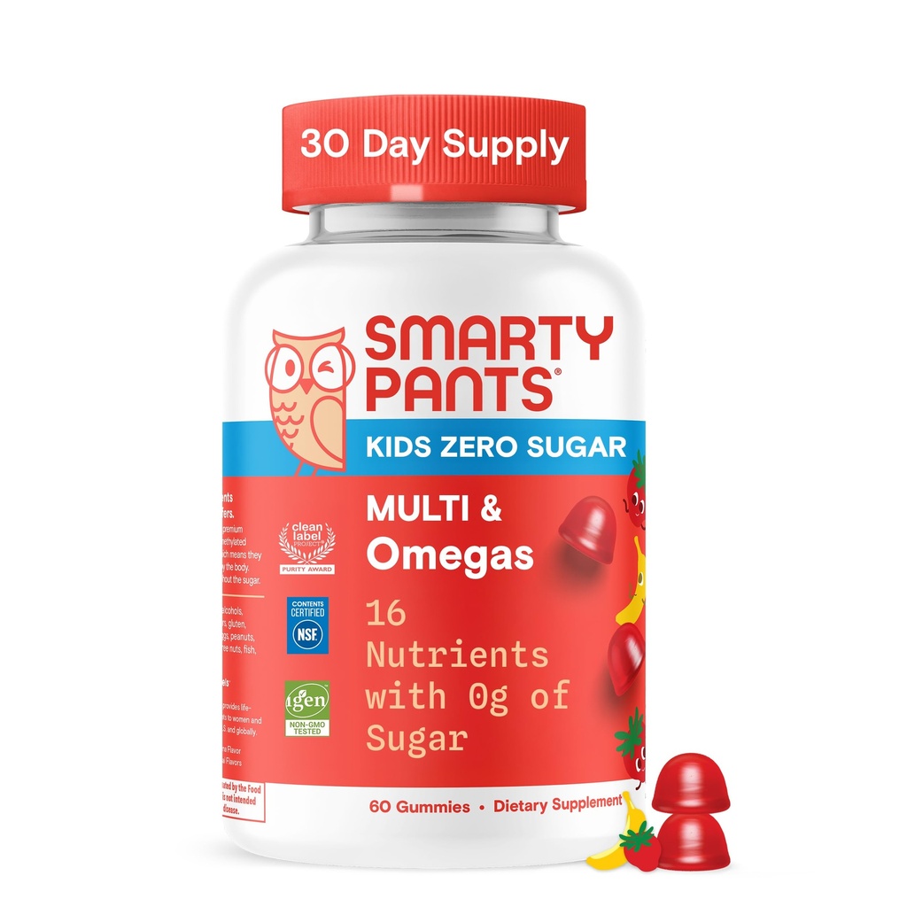 SmartyPants Kids Zero Sugar Multivitamine Gumies: Omega-3, Vitamini D, C, A, Na bazi rastlin, Gluten brezplačno, Jagodna banana aroma, 60 Število (30 dnevna dobava)
