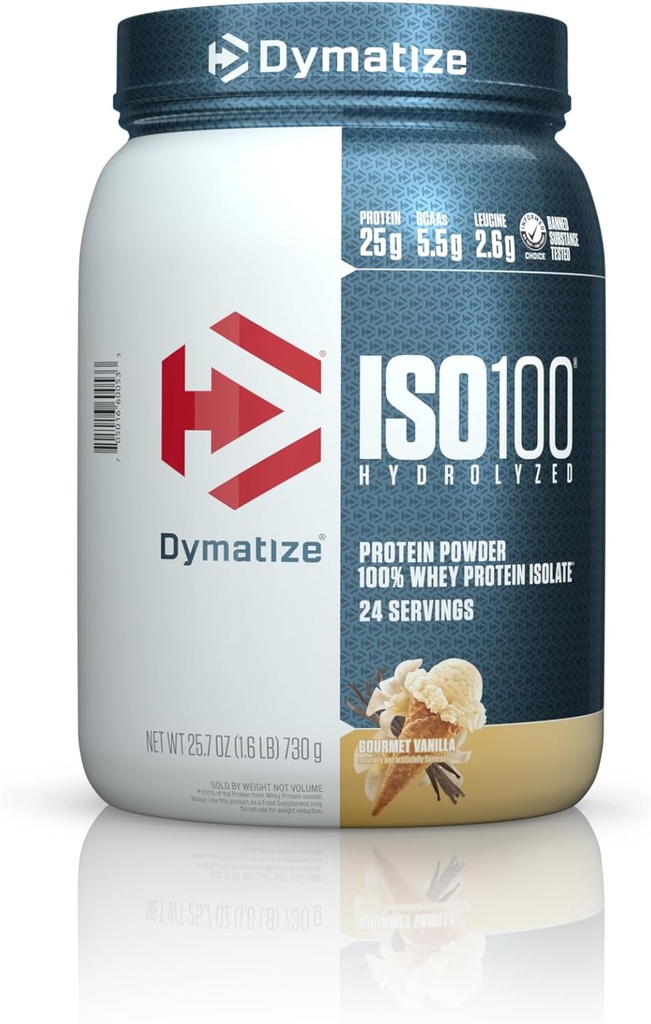 Dymatize ISO100 Hidrolizirane beljakovine v prahu, 100% sirotkini izolatni proteini, 25 g beljakovin, 5,5 g BCAA, brez glutena, hitro absorbiranje, enostavno prebavljanje, gurmanska vanilja (24 servov)