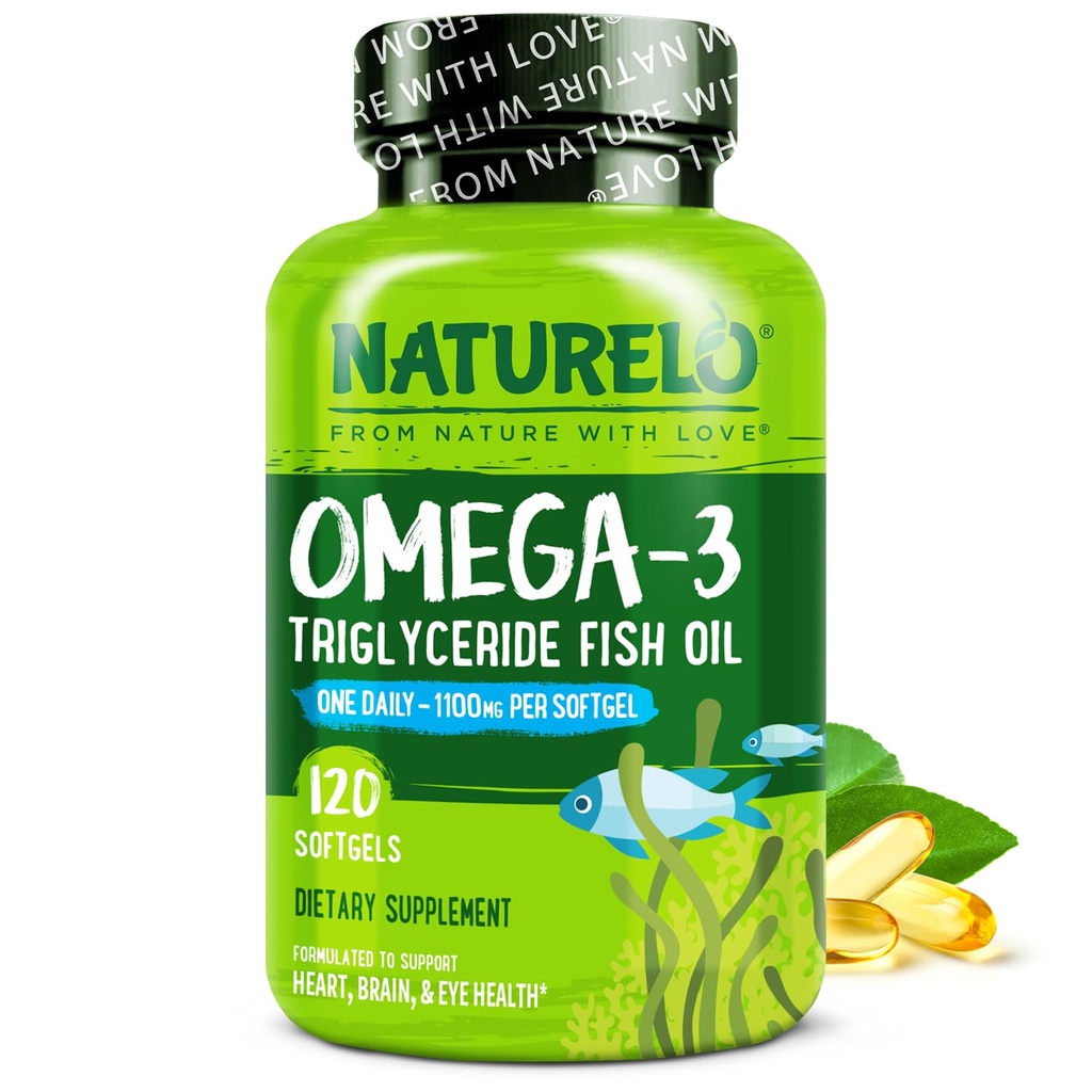 NATURELO Omega 3 ribje olje dodatek - 1100mg Triglicerid Omega-3, EPA + DHA, tekoče ribje olje za srce, oči, možgane, skupno zdravje - 120 Softgels, 4 Mesece dobave