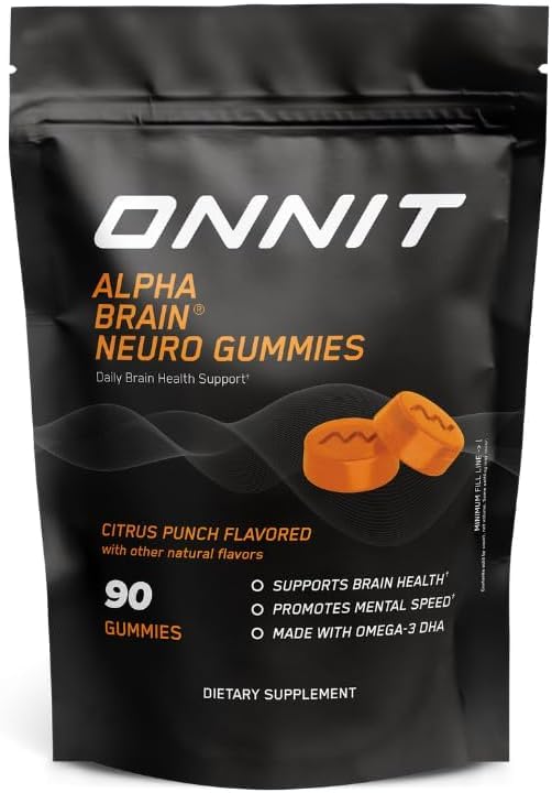 ONNIT Alpha Brain Neuro Focus Gummies, IGEN Non-GMO Tested Vegan Gummies z Omega-3s Lutein Zeaksantin in Caffeine, Brain Eye in Focus dodatek za moške in ženske, Citrus Punch, 90 Število