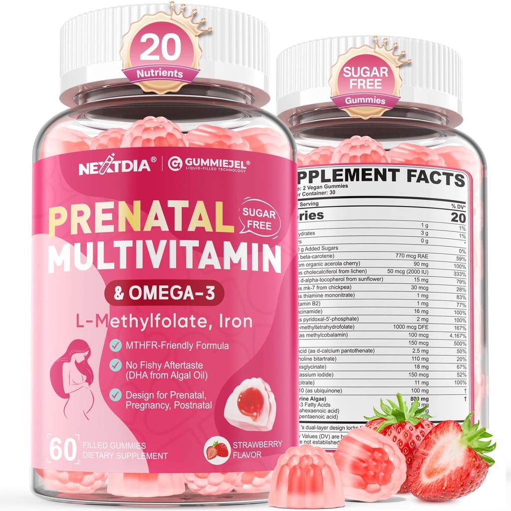 Predporodni vitamini za ženske Gumies, metilfolat 1mg, Vegan Omega 3 DHA 800mg, železo, holin, jodin, vitamin D3 B6 B12 - Multivitamin za ženske pred, med in po nosečnosti, sladkor brez, 60 Število