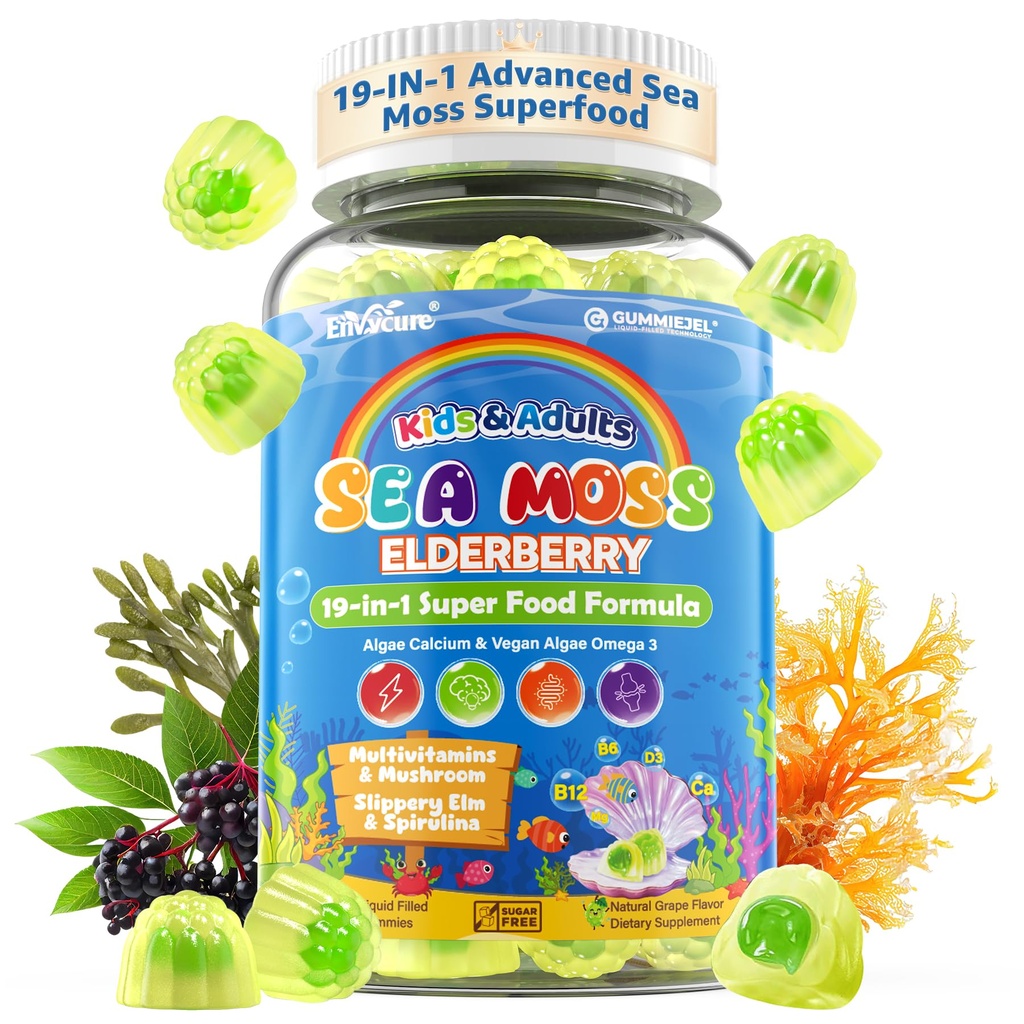 Sea Moss + Elderberry Gumies za otroke in odrasle, 19-IN-1 Super Hrana s Spirulina, Algae Omega 3, Algae Calcium, Ashwagandha, Gobe, Vitamini D3, C za Imune, Gut, Bone, Energy, Brain,Vegan 60Cts