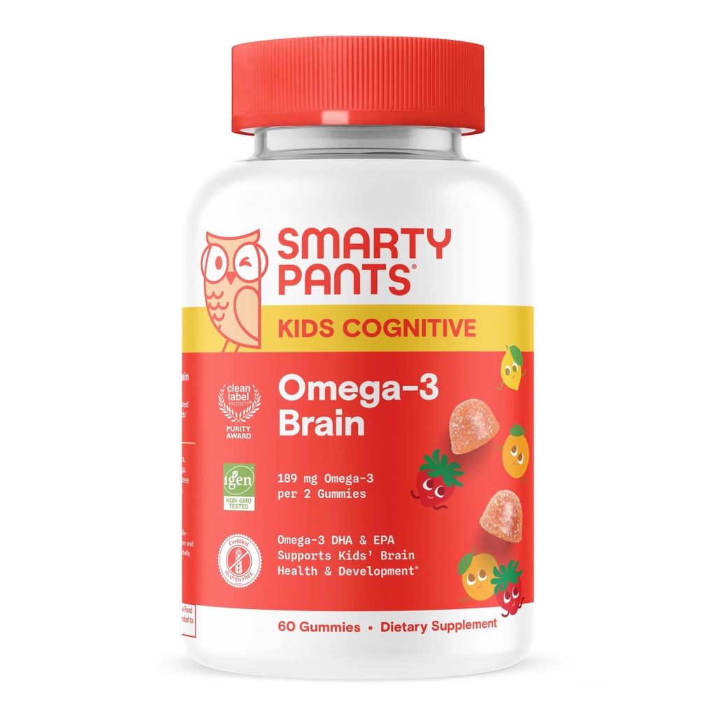 SmartyPants Kids Vitamini Kognitivni Omega-3 Možgani Gummies z DHA & EPA, Citrus Jagoda, 60 Štetje (30 dnevna dobava)