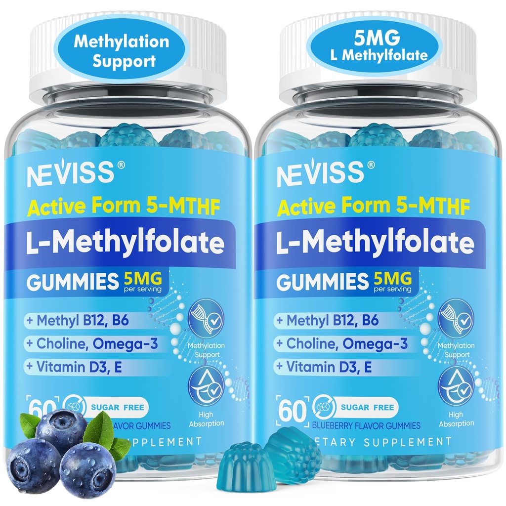 L Metilfolate Gumies & metil B12, Active 5-Mthf metilirani Folat 5mg Dopolnilo za ženske moški w/Metil B kompleks,Cholin,Magesium,Omega-3,Metil Folat za metilacijo,Focus,Mood,Sugar Free,2Pack