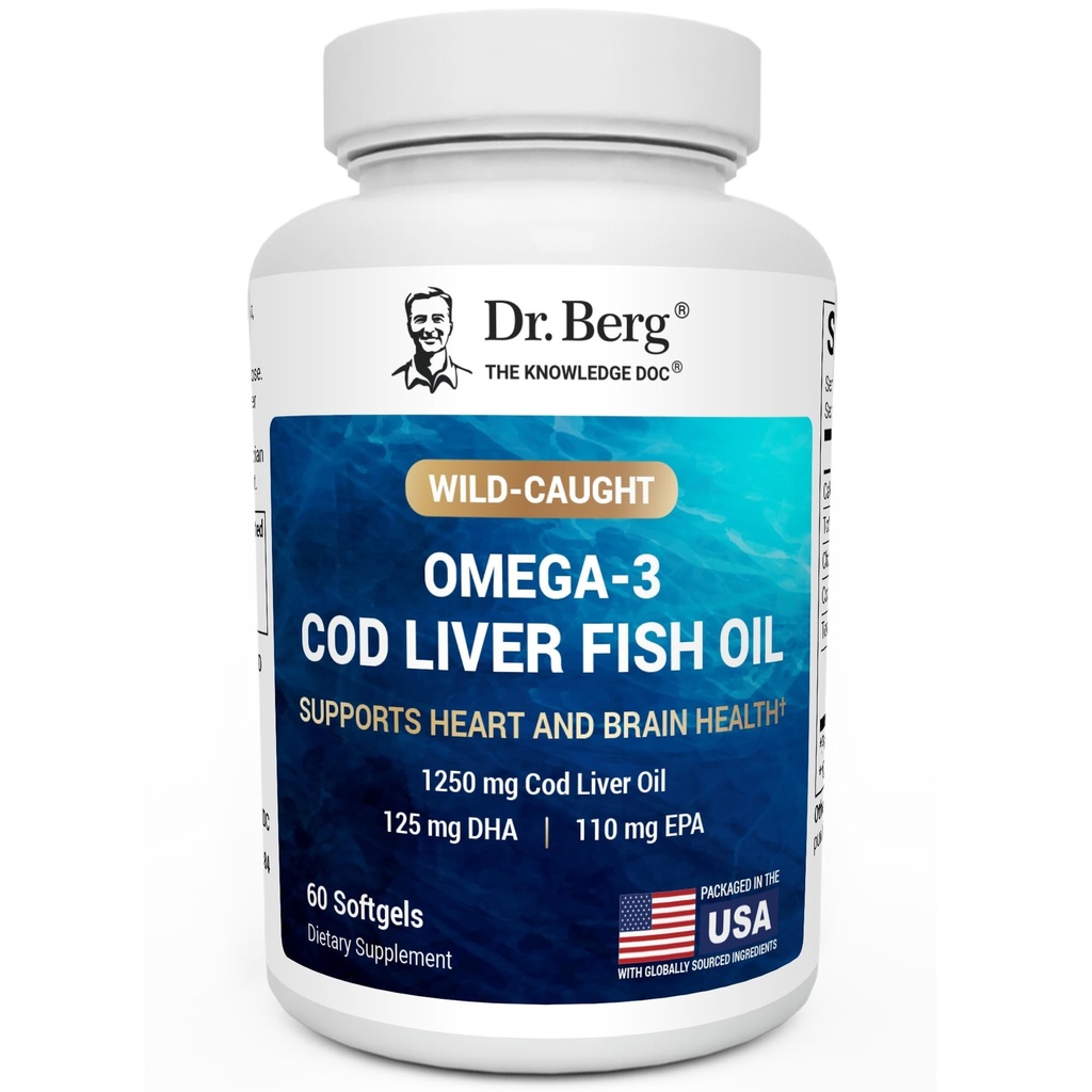 Dr. Berg Omega-3 Trska Jetra Ribje olje 60 Softgels – Divji ulov islandska trska – Omega 3 EPA & DHA – Srce, možgani, Imunska in očesna podpora* – Lemon Flavor – 4X Lab-Tested – Non-GMO, No fillers