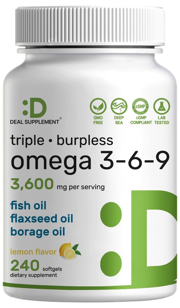 Triple Omega 3-6-9 ribje olje dodatki 3.600mg – 240 Softgels z Laneno olje in Borage Oils Complex – High EPA + DHA – Burpless tablete, limona arome, Wild Caught – Srce, Joint, & Brain Support