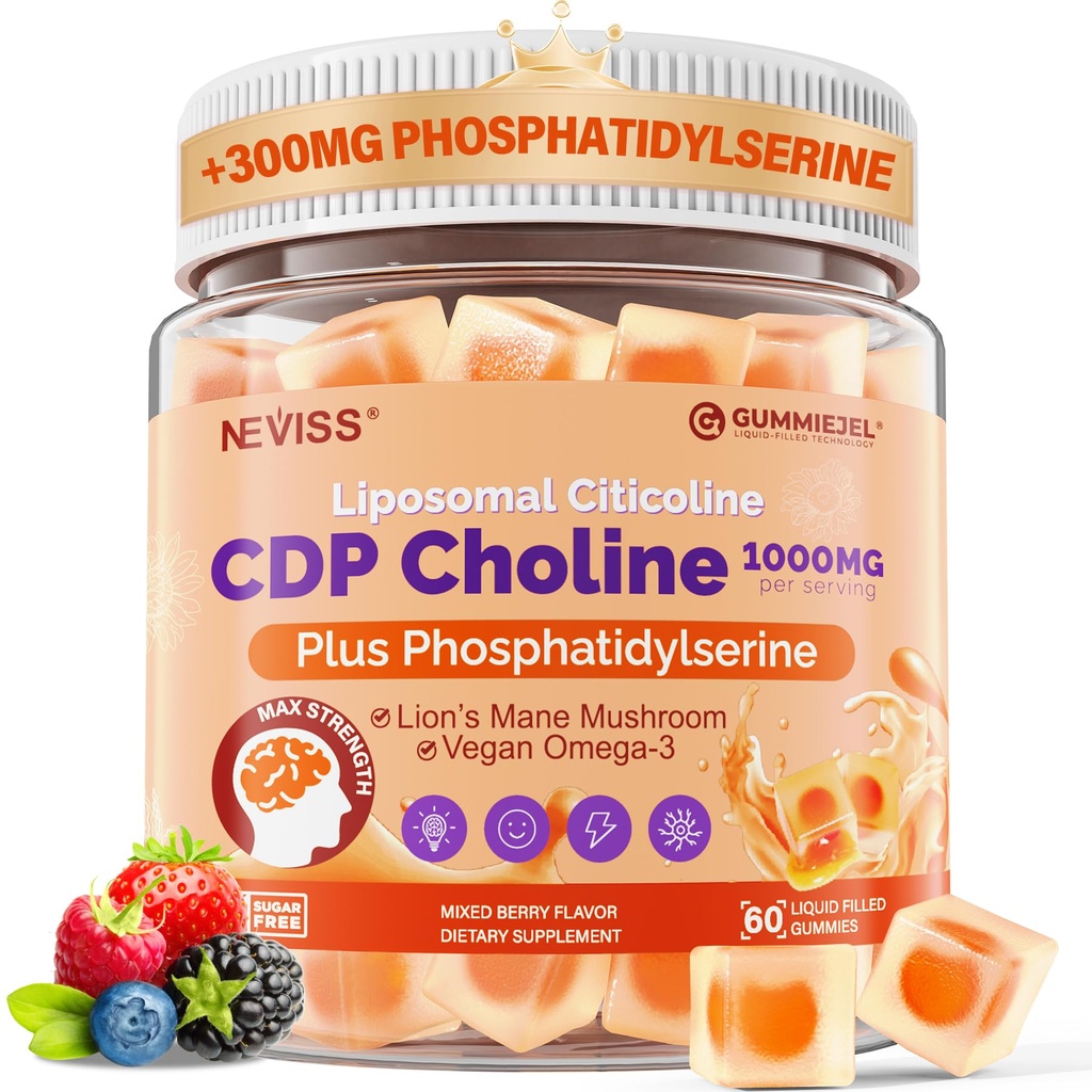 Citicoline 1000mg & Fosfatidilserin 300mg Dodatki CDP Choline Gummies, Možganski dodatek za spomin in fokus w/ Lion's Mane goba, Omega-3, metilfolat, B6 & B12, Non-GMO, Sugar Free,60ct