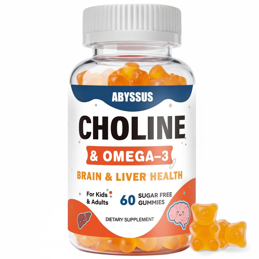 ABYSSUS Choline Gumies za otroke in odrasle, Sugar Free Choline Bitartrate dopolnila z Algal Omega-3 DHA EPA & Active B6 B12, Brain & Jetra Podpora, Vegan, 60 Count
