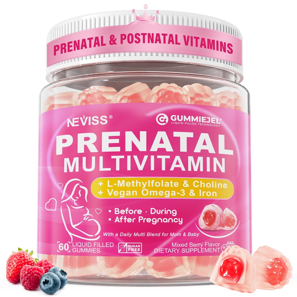Prenatal Vitamini za ženske Multivitaminski Gumies w/ Metilfolate 1mg, Holin Omega-3(DHA+EPA) železo, Postnatalni Vitamini za ženske Dojenje 