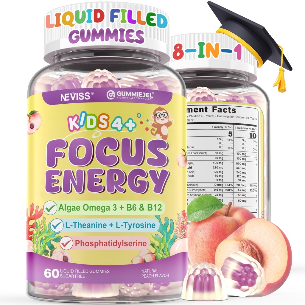 Otroci Fokus Gummies - Možganski dodatki z Veganom Omega 3 DHA, Fosfatidilserin, L-teanin, L-tirozin, Metilirani B6 & B12 za otroke in najstniki podporo pozornost, spomin, Nootropic, sladkor Free 60cts