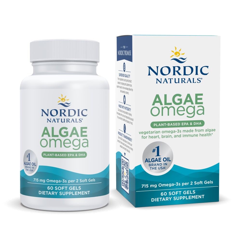 Nordic Naturals Algae Omega - 60 Soft Gels - 715 mg Omega-3 - Certified Vegan Algae Oil - Rastlinsko osnovani EPA & DHA - Srce, oko, Immune & Brain Health - Non-GMO - 30 Servings