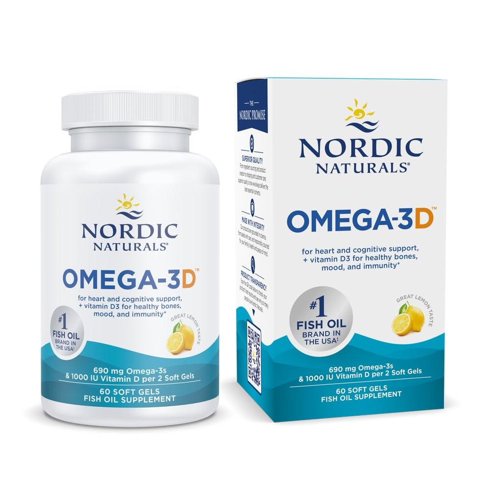 Nordic Naturals Omega-3D, limonina aroma - 60 mehki geli - 690 mg Omega-3 + 1000 i.e. vitamin D3 - ribje olje - EPA & DHA - Imunska podpora, zdravje možganov in srca, zdrave kosti - Non-GMO - 30