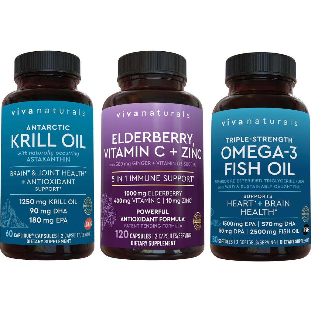 1250 mg antarktično olje iz krila, bezgov vitamin C in cink in 2.500 mg omega 3 ribje olje strdek, zagotavljanje Omega 3 EPA in DHA, Starejše jagode za imuno podporo