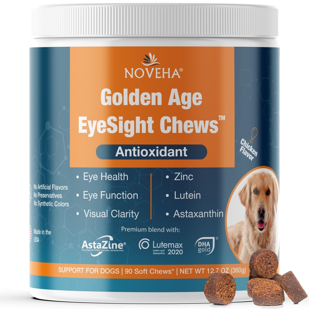 NOVEHA Eye Supplement za pse (90 žvečilk)- Vision Support with Lutein + Vitamin C & Astaksantin Antioksidanti - Dog Vitamini za oči + ribje olje za Omega 3 EPA - Made in USA