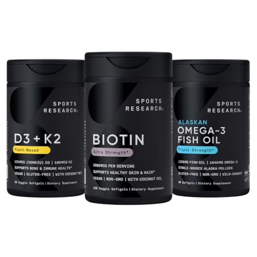 Sports Research® Healthy Hair Pack - Biotin 5000mcg z organskim kokosovim oljem + Vegan Vitamin D 5000iu & Mk7 Vitamin K 100mcg + Omega-3 ribje olje 1250