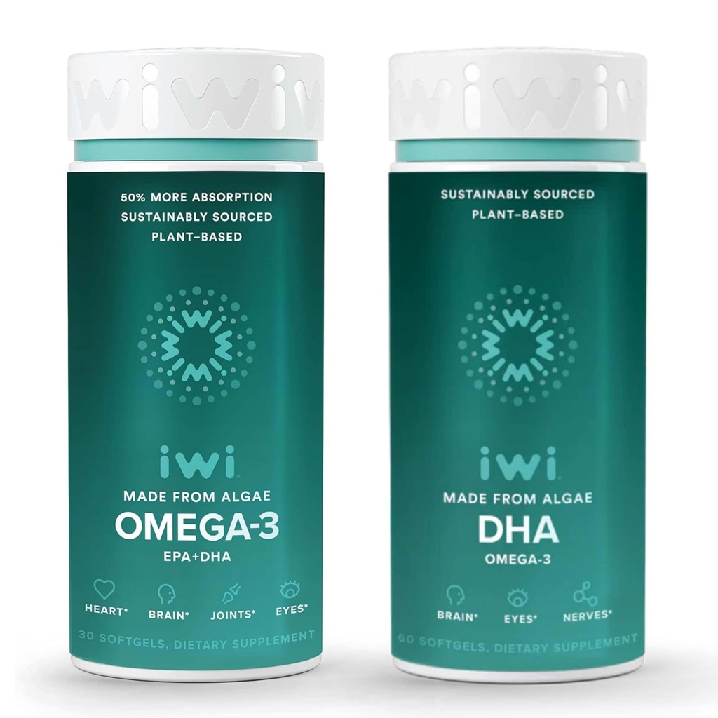 Iwi Omega-3 & DHA Omega-3 Bundle, 30 Služabniki, Veganska rastlina na osnovi Algae Omega 3, Krill & Fish Oil Alternative, Brez ribjega pookusa